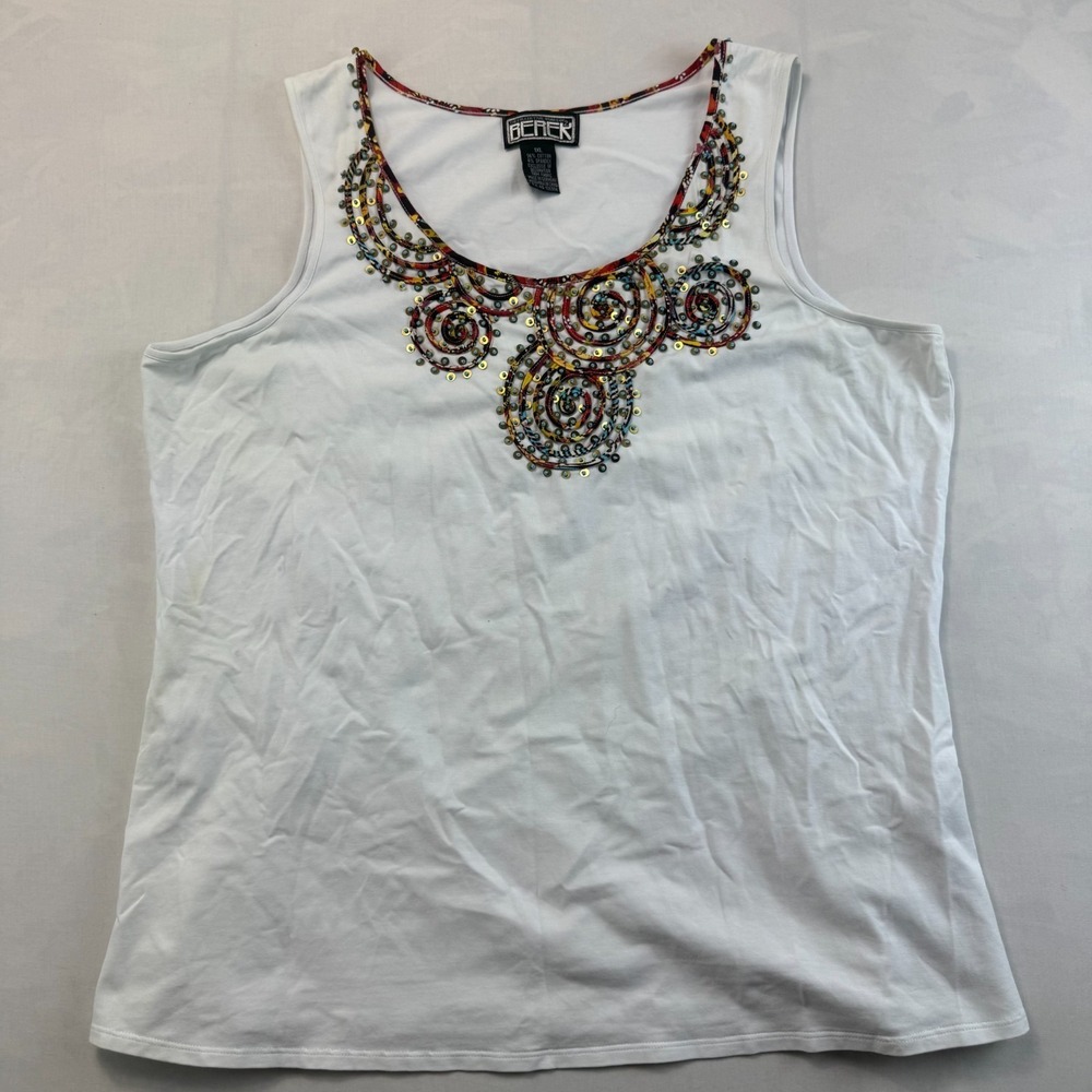 Berek Tank Top Womens 1XL White Embellished Sequins Beaded Stretch Round Neck